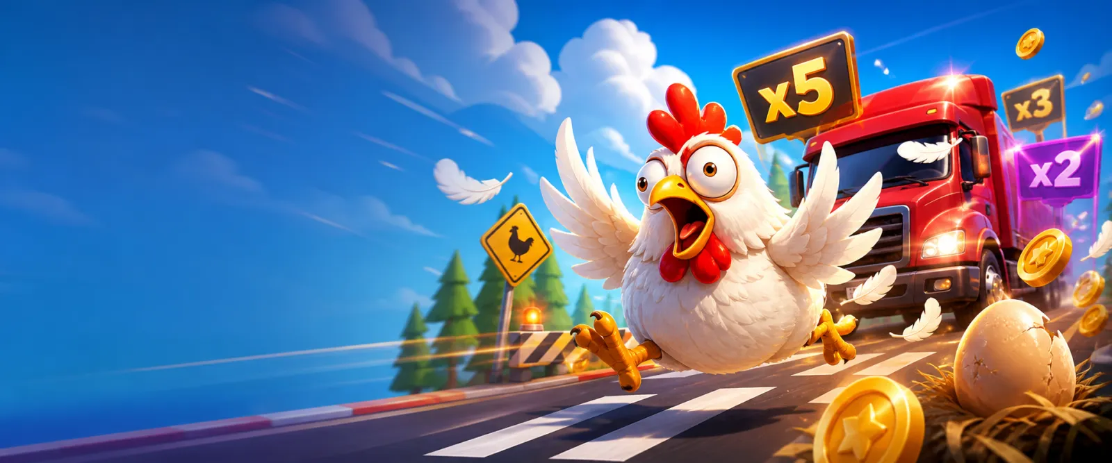 Vibrant promo banner for Chicken Road slot featuring a road scene with chickens, coins, and playful energy.